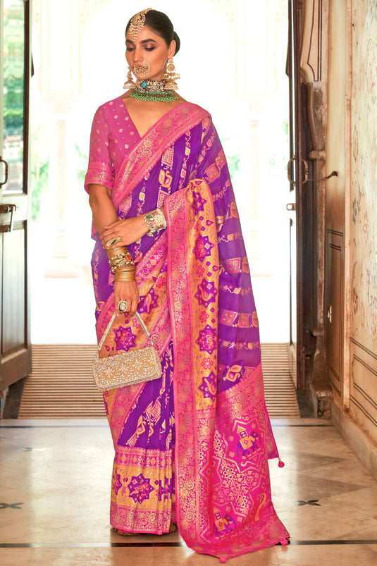 Tempting Art Silk Fabric Purple Color Saree With Patola Weaving Work