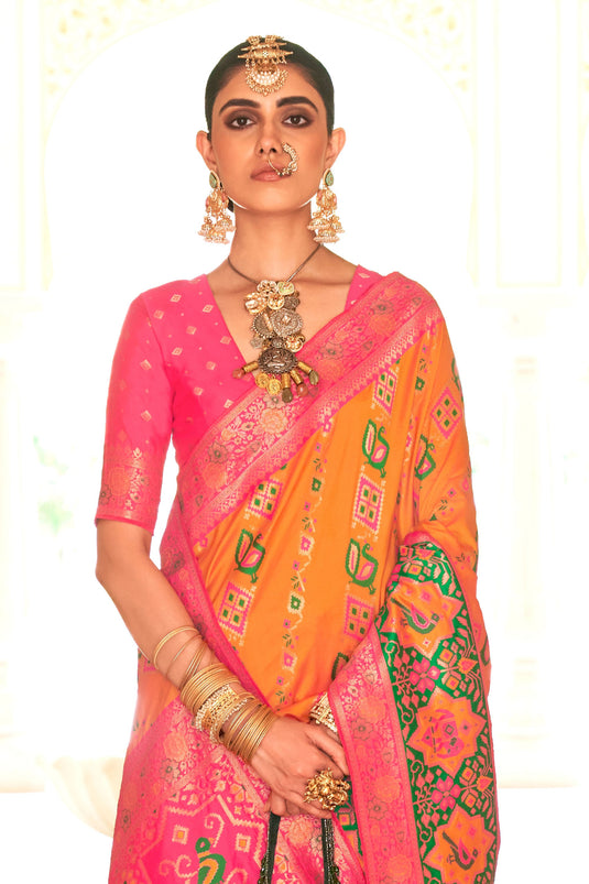 Engaging Peach Color Art Silk Fabric Saree With Patola Weaving Work