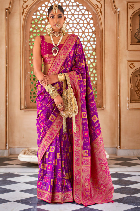 Solid Art Silk Fabric Patola Weaving Work On Saree In Purple Color