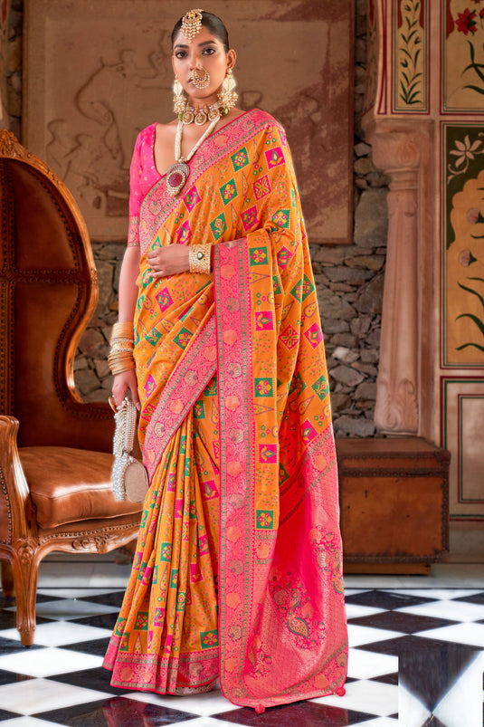 Sober Orange Color Art Silk Fabric Saree With Patola Weaving Work