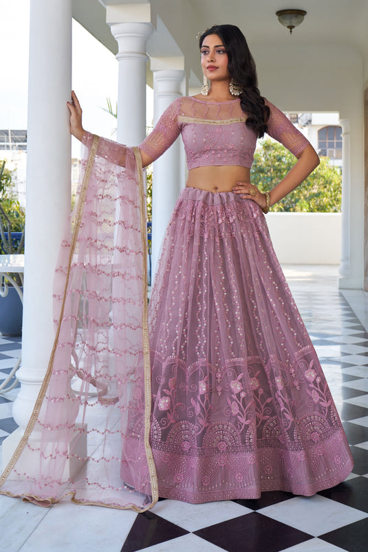 Lavender Color Net Fabric Sequins Embroidered Lehenga For Sangeet