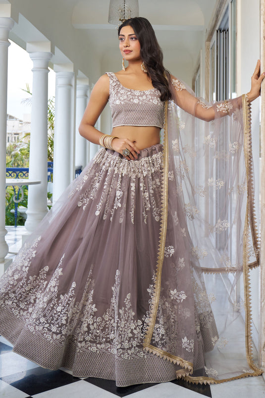 Sangeet looks Net Fabric Sequins Embroidered Lehenga in Chikoo Color