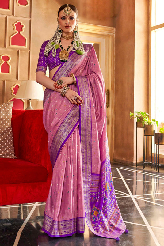Art Silk Fabric Bewitching Patola Printed Saree In Pink Color