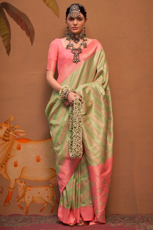 Sea Green Color Handloom Weaving Silk Fabric Engaging Saree