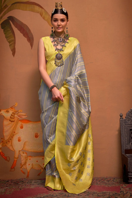 Grey Color Handloom Weaving Silk Fabric Stunning Saree