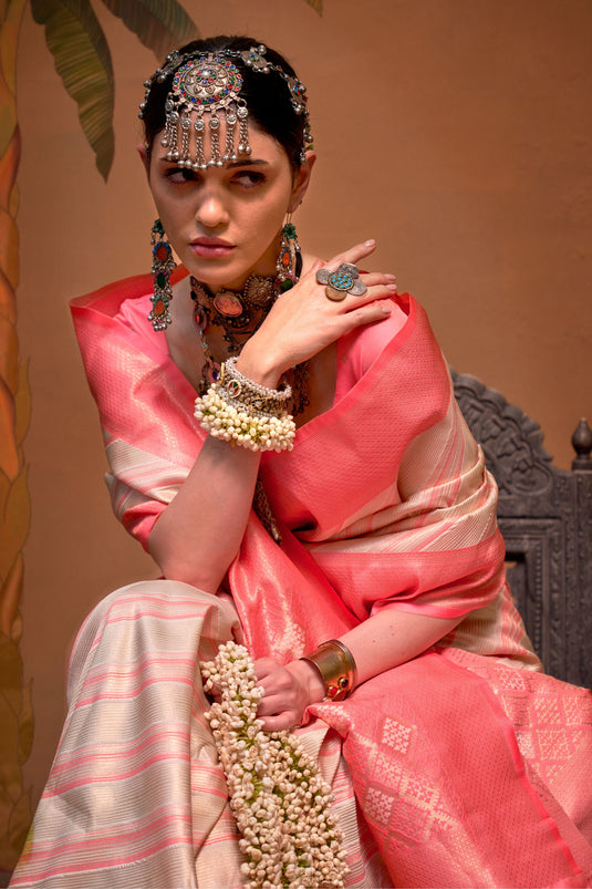 Beguiling Beige Color Handloom Weaving Silk Fabric Saree