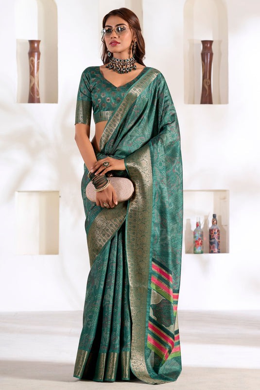 Teal Color Dola Silk Fabric Engaging Saree With Weaving Work