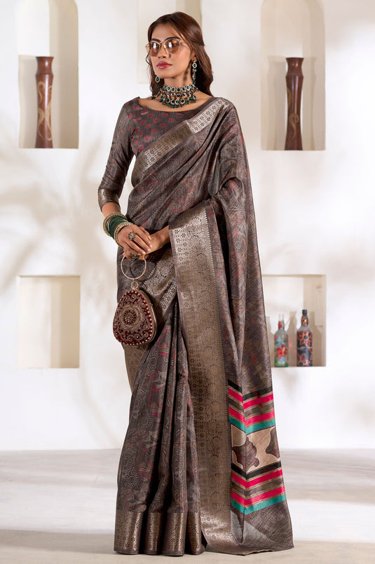 Creative Weaving Work On Grey Color Dola Silk Fabric Saree