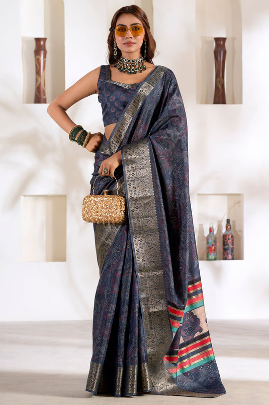 Beguiling Weaving Work On Navy Blue Color Dola Silk Fabric Saree