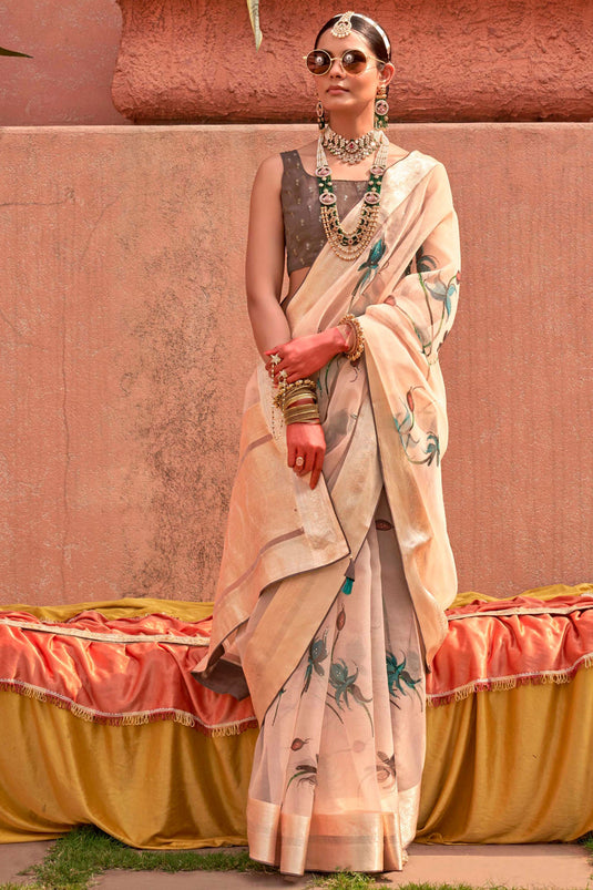 Organza Silk Fabric Beige Color Saree With Winsome Printed Work