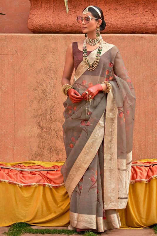 Creative Printed Work On Saree In Dark Beige Color Organza Silk Fabric