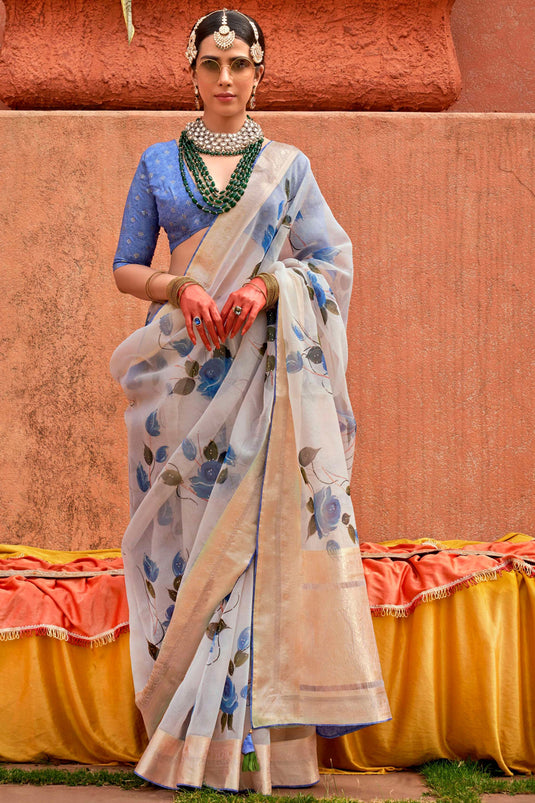 Marvellous Printed Work On Organza Silk Fabric Saree In Off White Color