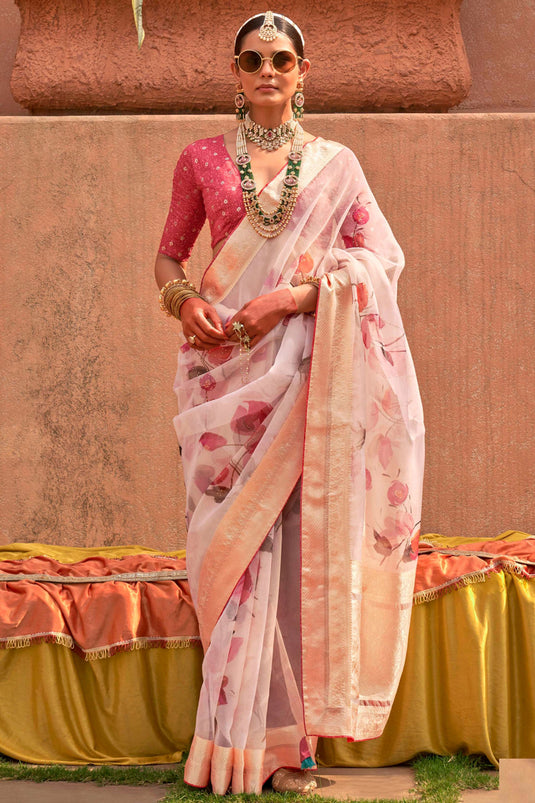 Solid Organza Silk Fabric Printed Work On Saree In Pink Color