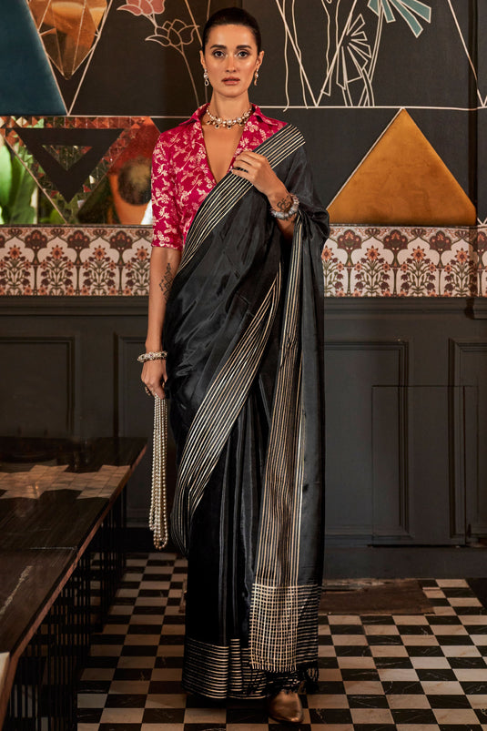 Captivating Viscose Silk Fabric Saree With Weaving Work Collared Blouse In Black Color