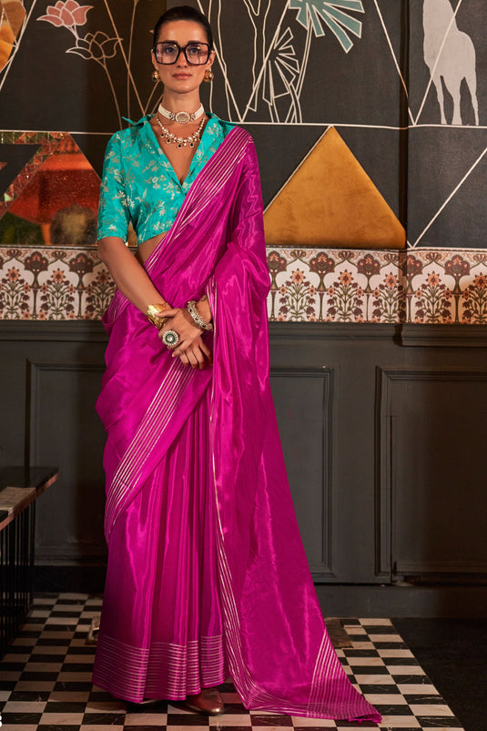Pink Color Fantastic Viscose Silk Fabric Saree With Weaving Work Collared Blouse
