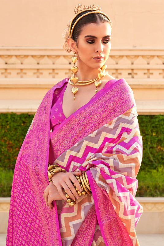 Beguiling Weaving Work On Pink Color Art Silk Fabric Saree