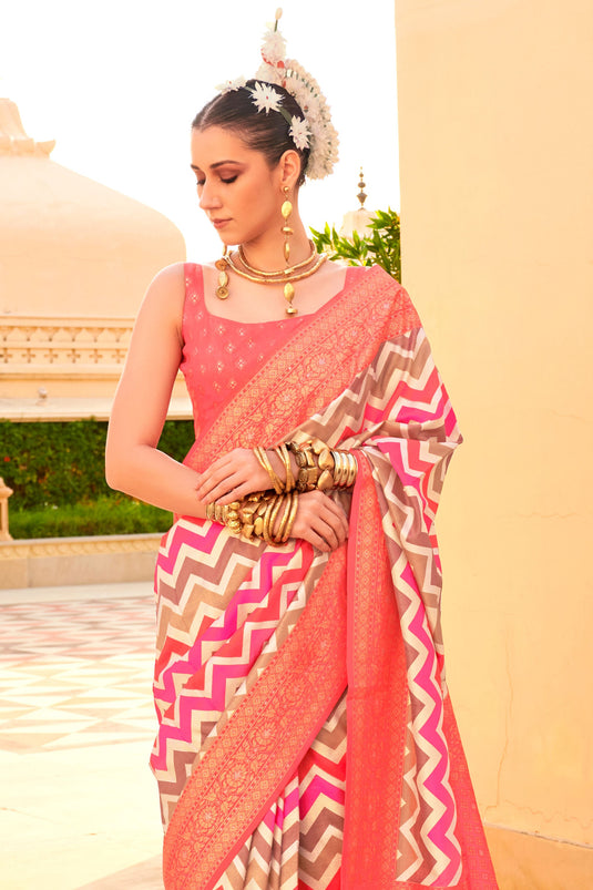 Tempting Art Silk Fabric Peach Color Saree With Weaving Work