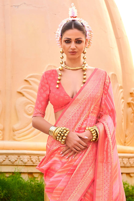 Art Silk Fabric Peach Color Saree With Winsome Weaving Work