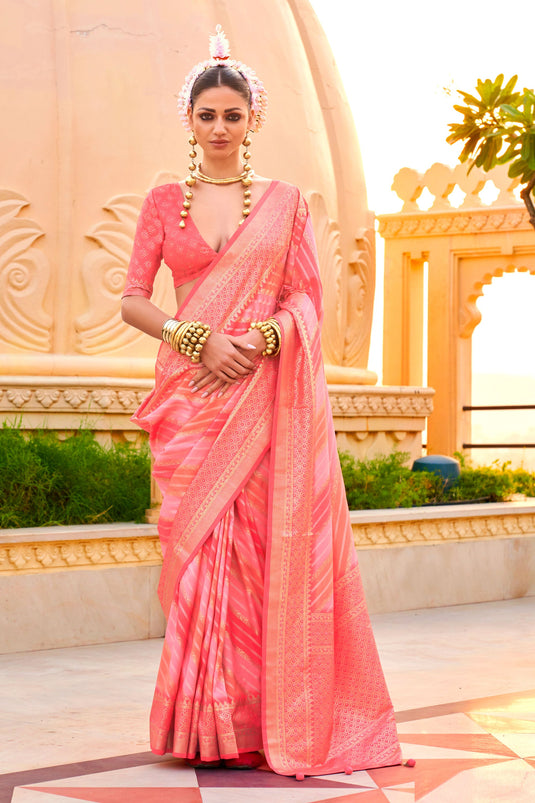 Art Silk Fabric Peach Color Saree With Winsome Weaving Work
