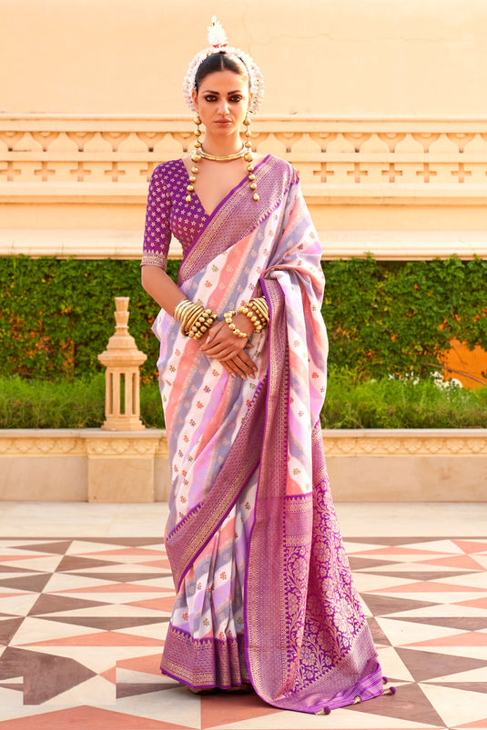 Creative Weaving Work On Saree In Purple Color Art Silk Fabric