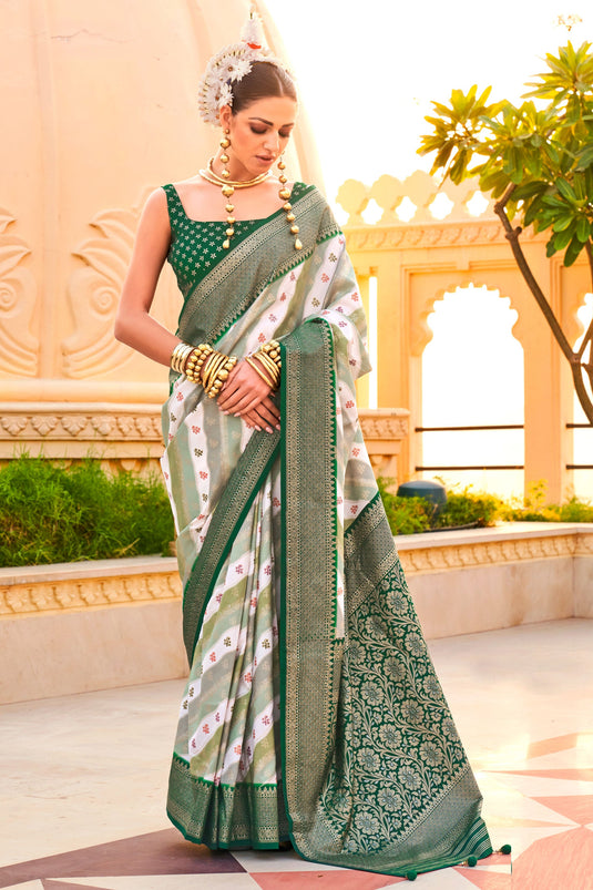 Solid Art Silk Fabric Weaving Work On Saree In Dark Green Color