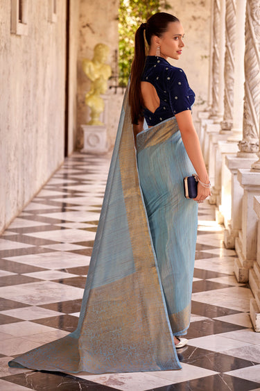 Light Cyan Color Gorgeous Fancy Linen Saree With Velvet Blouse