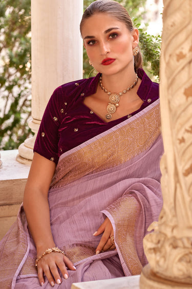 Lavender Color Pleasant Fancy Linen Saree With Velvet Blouse