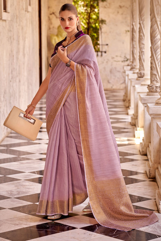 Lavender Color Pleasant Fancy Linen Saree With Velvet Blouse