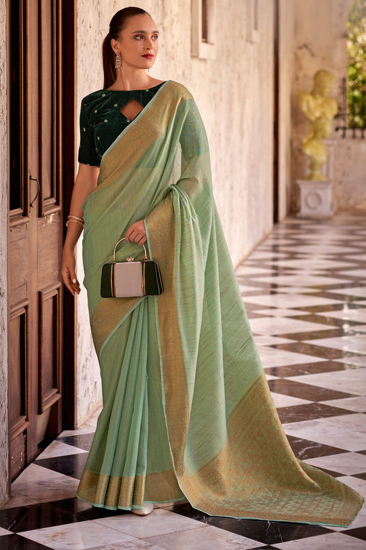Sea Green Color Brilliant Fancy Linen Saree With Velvet Blouse