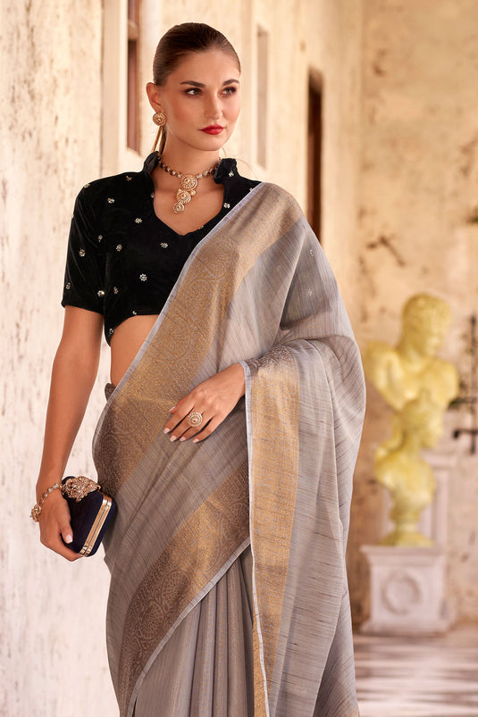 Imposing Fancy Linen Saree With Velvet Blouse In Grey Color