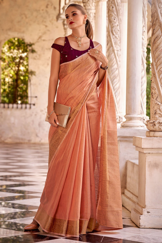 Orange Color Glorious Fancy Linen Saree With Velvet Blouse