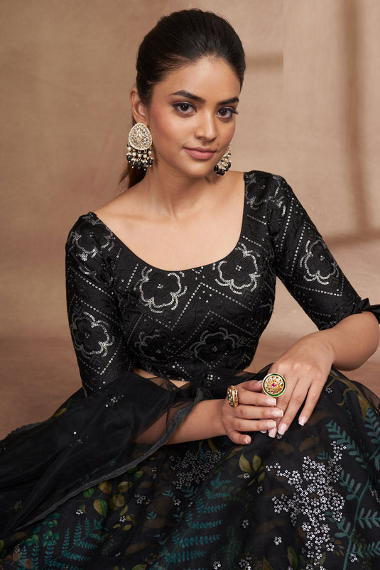 Attractive Sangeet Wear Black Color Sequins Work Organza Lehenga Choli