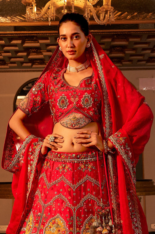 Raw Silk Fabric Red Color Stylish Look Bridal Lehenga