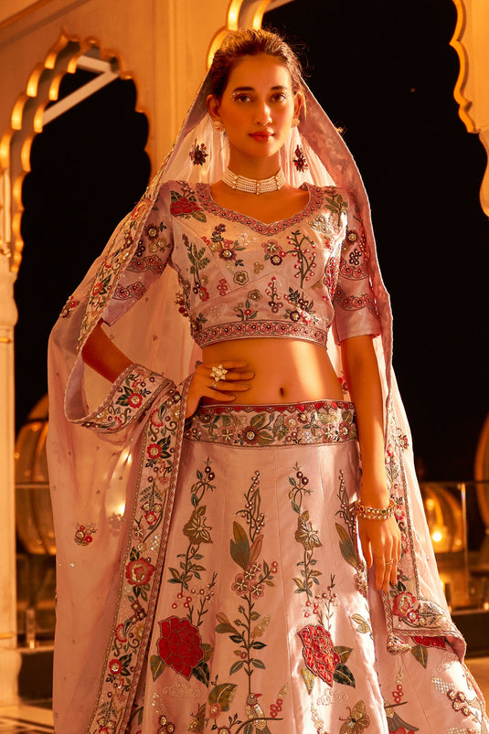 Satin Fabric Charismatic Bridal Lehenga Choli In Pink Color In Sequins Work