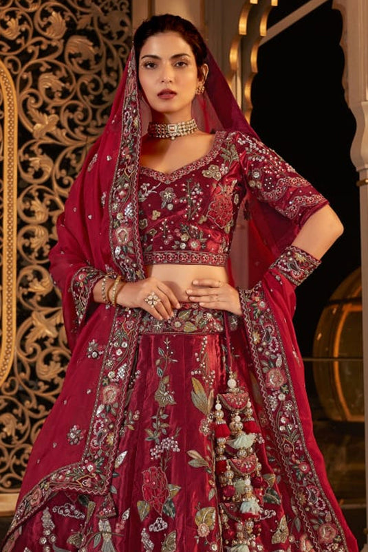 Red Color Sequins Work Captivating Bridal Lehenga Choli In Satin Fabric