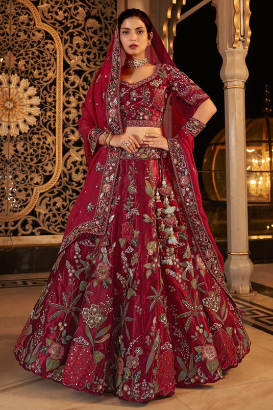 Red Color Sequins Work Captivating Bridal Lehenga Choli In Satin Fabric