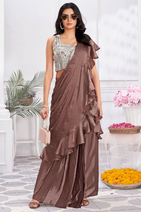 Brown Color Gorgeous Satin Silk Fabric Ready To Wear Ruffle Saree