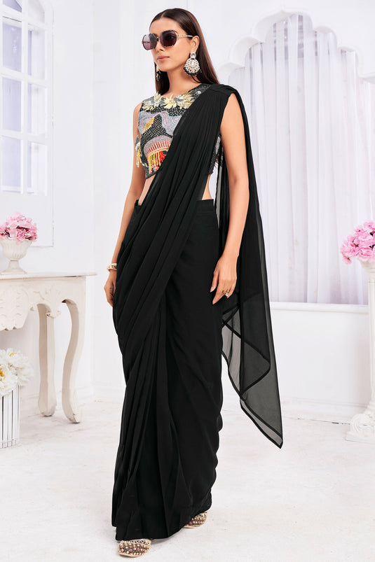 Delicate Black Color Georgette Fabric Ready To Wear Ruffle Saree