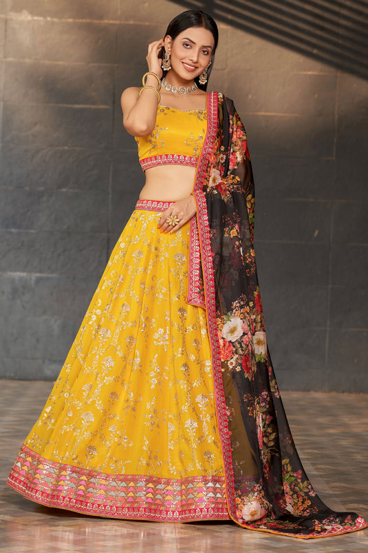 Yellow Color Dazzling Sequins Embroidered Lehenga In Georgette Fabric