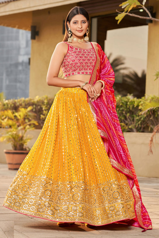 Engaging Yellow Color Sequins Embroidered Georgette Fabric Lehenga