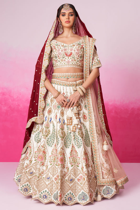 Radiant Sequins Embroidered Cream Color Silk Fabric Bridal Lehenga