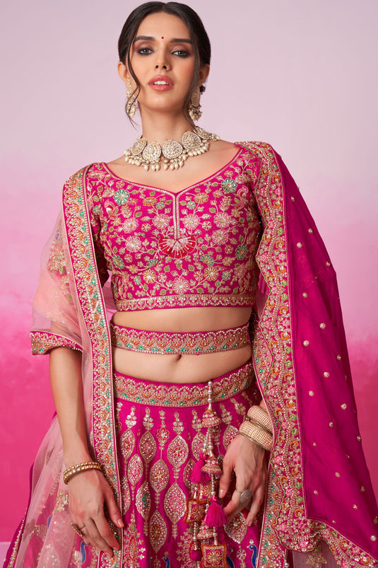 Excellent Silk Fabric Pink Color Sequins Embroidered Bridal Lehenga