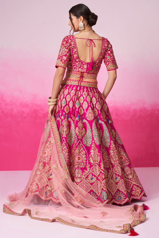 Excellent Silk Fabric Pink Color Sequins Embroidered Bridal Lehenga