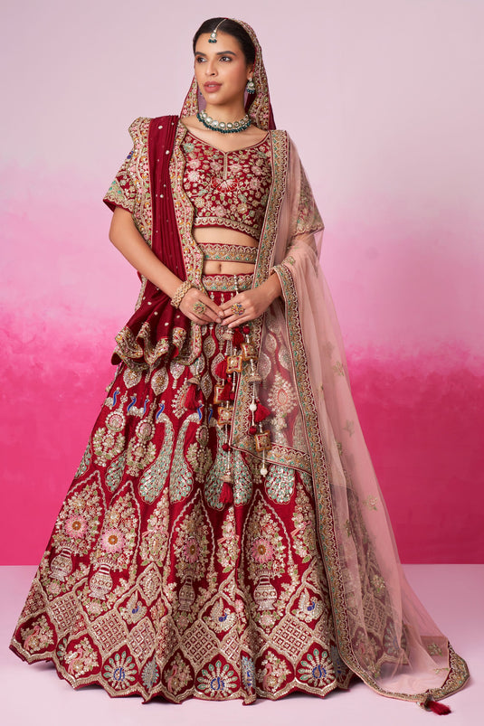 Red Color Sequins Embroidered Silk Fabric Beatific Bridal Lehenga