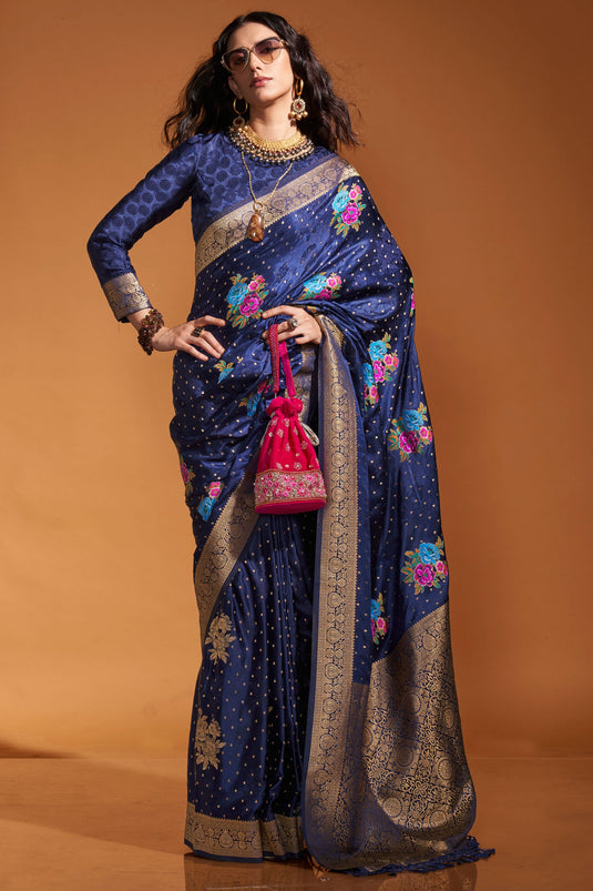 Festive Special Navy Blue Pure Satin Handloom Silk Saree