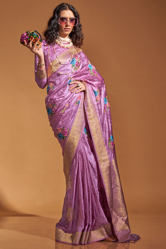 Festive look Pure Satin Handloom Silk Saree in Pink Color