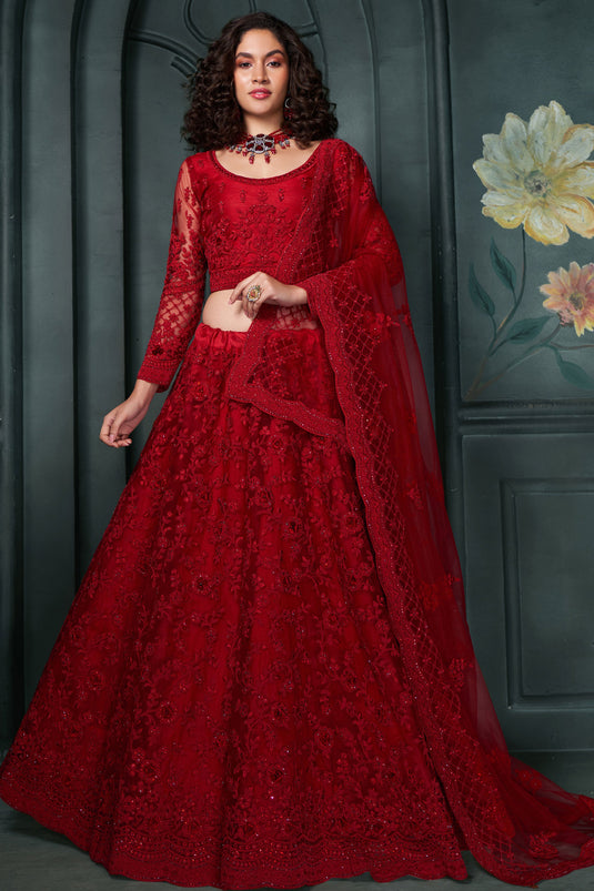 Red Color Embroidered Work On Net Fabric Trendy Lehenga