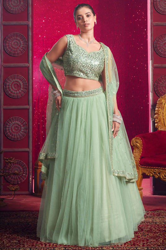 Sea Green Color Alluring Sangeet Function Lehenga Choli In Net Fabric