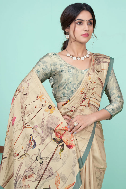 Printed Work Imposing Crepe Fabric Casual Saree In Beige Color