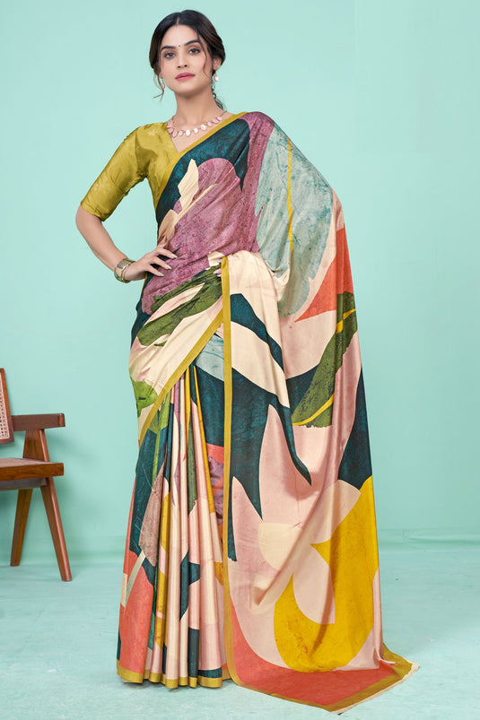 Multi Color Printed Work Crepe Fabric Glamorous Casual Saree